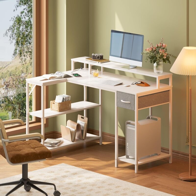 مكتب كمبيوتر قابل للعكس مع أرفف ودرج ، معدن بسيط حديث ، مكتب على شكل حرف L ، منافذ أضواء LED ، مكتب أبيض
