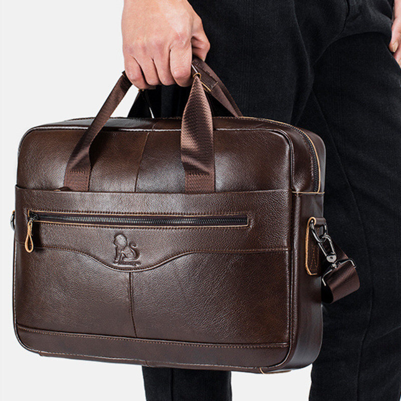 حقيبة جلد طبيعي للأعمال ، حقيبة يد فاخرة للرجال ، حقيبة كتف عالية السعة ، حقيبة كمبيوتر محمول للرجال ، 15.6"