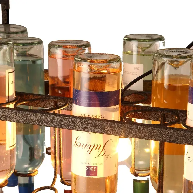 الرجعية الصناعية الصدأ المعادن الملونة زجاجة النبيذ الزجاج الثريا ، الثريا الأمريكية ل مقهى بار مطعم ، LED مصباح قلادة الزخرفية