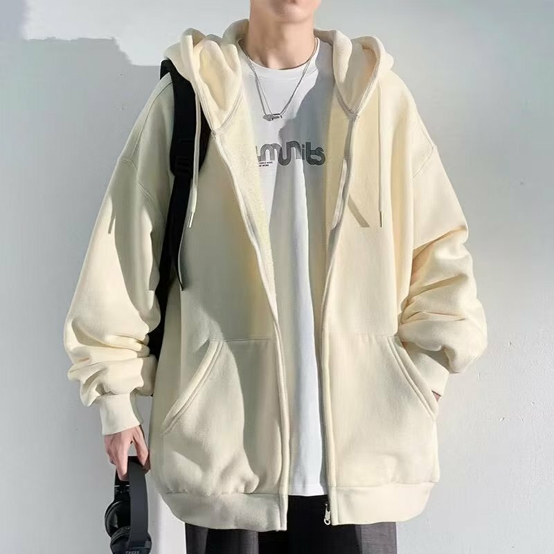 New Lazy Cardigan 2022 Youth Pop Hooded Men's Straight Sweatshirt Autumn and Winter Zipper Casual Solid Color