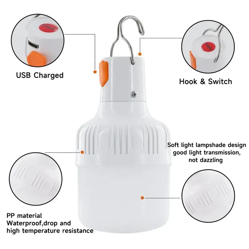 مصابيح إضاءة ليد بشحن USB محمولة ، سطوع عالي ، خطاف ، تخييم ، صيد ، أضواء طوارئ ، مصباح مصباح خارجي