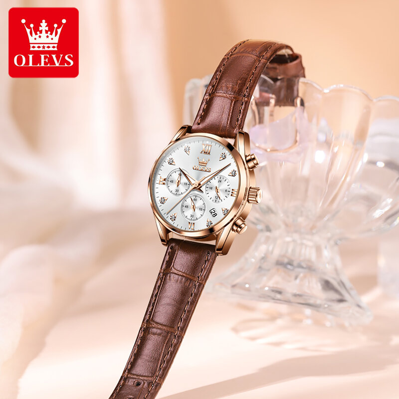 ساعة OLEVS من الفولاذ المقاوم للصدأ مع صندوق للنساء ، ساعة كرونوغراف كوارتز للسيدات ، ساعة يد مقاومة للماء ، علامة تجارية مشهورة ، أزياء فاخرة