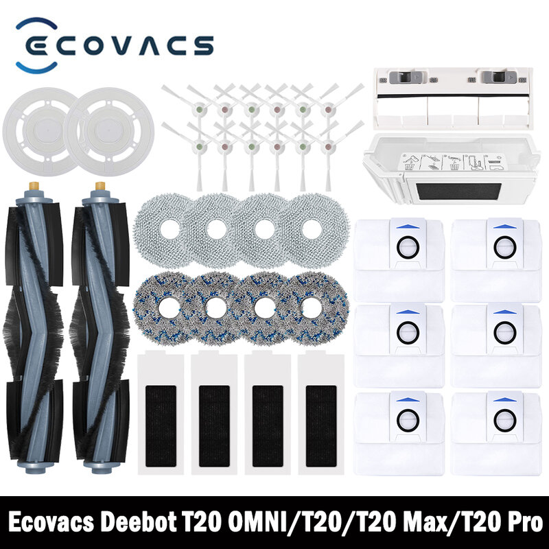 إكسسوارات Ecovacs-Deebot T20 OMNI/T20/T20e/T20 Pro ، فرشاة جانبية رئيسية ، قماش ممسحة ، فلتر HEPA ، استبدال كيس الغبار ، قطع غيار