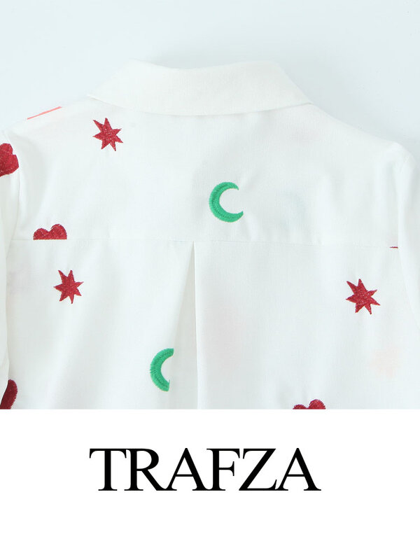 TRAFZA-ملابس علوية نسائية مطوية لأسفل ، فضفاضة ، كاجوال ، أبيض ، تطريز ، صدر واحد ، أكمام طويلة ، قمصان نسائية ، موضة الصيف