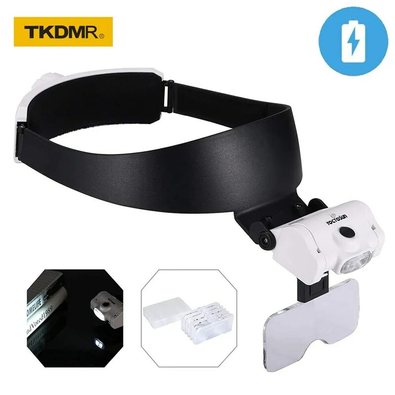 TKDMR USB قابلة للشحن عقال متعدد الوظائف نظارات المكبر 2LED مضيئة عدسة مكبرة مع 5 عدسات قابلة للاستبدال