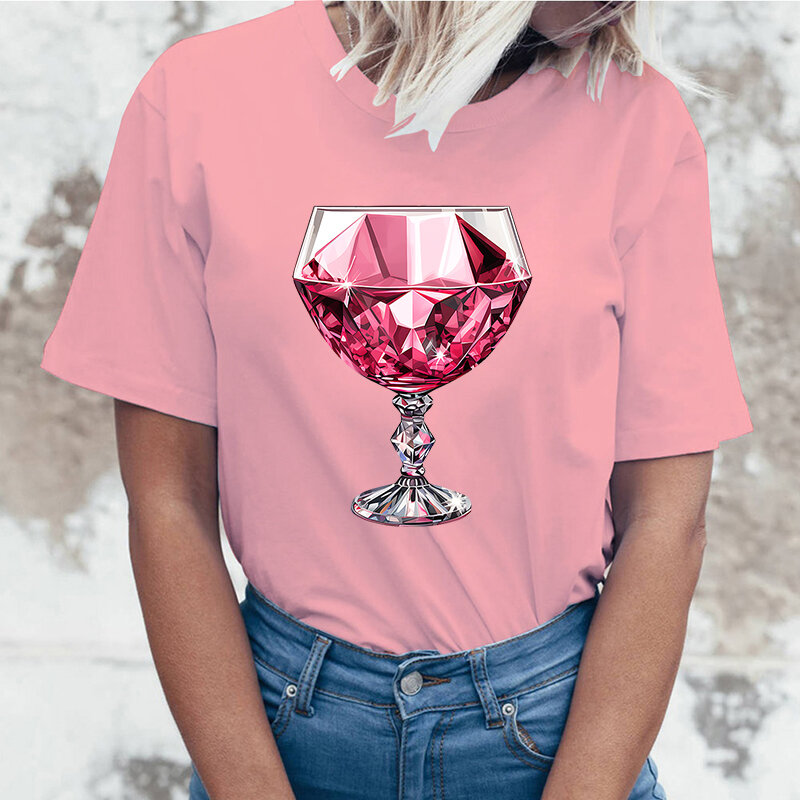 تي شيرتات نسائية مطبوعة من الزجاج والنبيذ الوردي ، قمصان كاجوال بأكمام قصيرة ، قمم برقبة مستديرة ، أزياء صيفية ، جودة عالية #1
