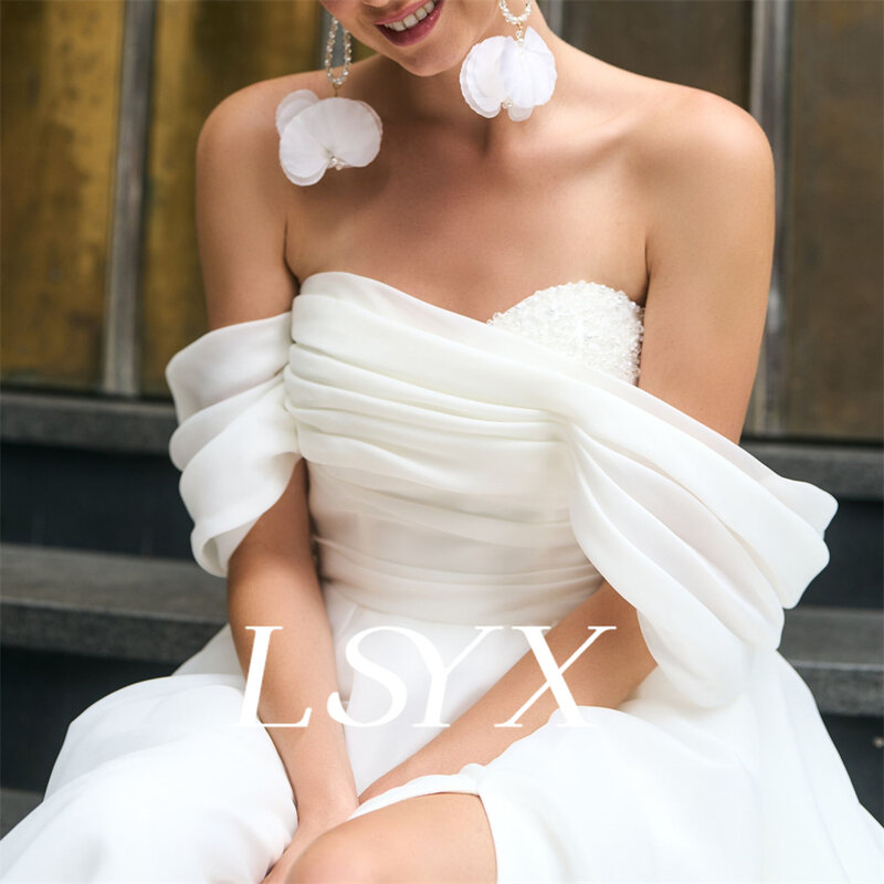 فستان زفاف من LSYX مكشوف الكتفين بالأورجانزا ، ثوب زفاف ، ظهر بسحاب مطرز ، طول الكلمة ، فتحة جانبية عالية ، Msde مخصصة
