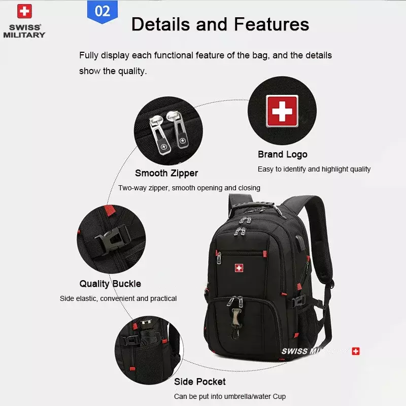سويسري عسكري-حقيبة متعددة الوظائف بسعة كبيرة للرجال ، حقيبة سفر للرجال ، شحن USB ، حقيبة ظهر للكمبيوتر المحمول مقاومة للمياه ، موضة ، 23"