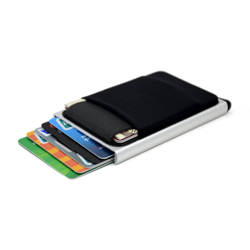 YUECIMIE محفظة الألومنيوم ضئيلة مع مرونة الظهر الحقيبة معرف حامل بطاقة الائتمان محفظة بشريحة RFID صغير التلقائي المنبثقة بطاقة البنك