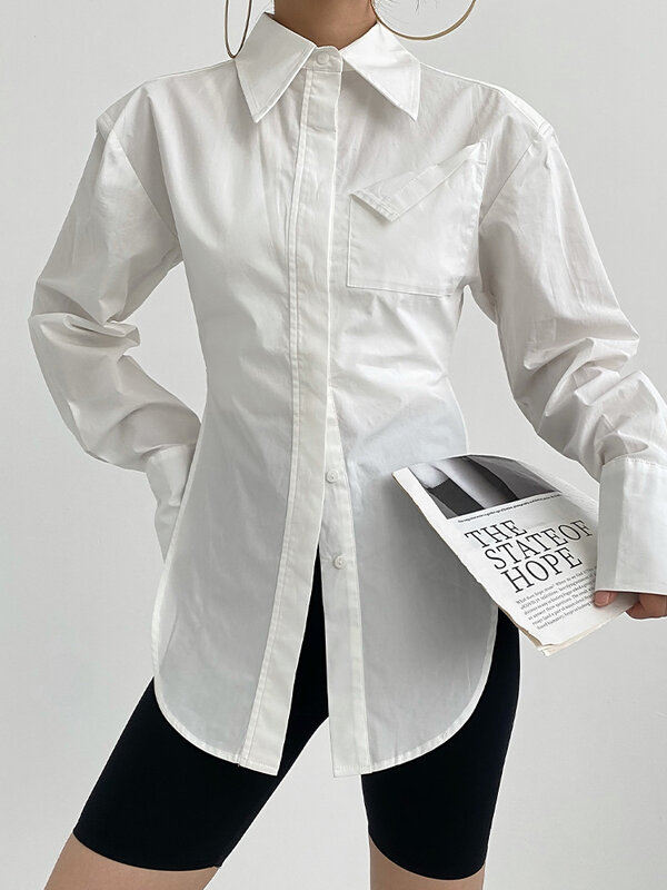 [LANMREM]-قميص نسائي بأكمام طويلة بطية صدر واحدة ، بلوزات نسائية ، خصر متجمع ، أبيض ، مكتب ، صيف ، جديد ، 26D9016
