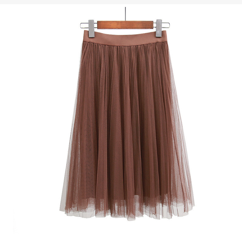 Women Skirt 3 Layers Tulle Skirts Womens Black Gray White Adult Tulle Skirt Elastic High Waist Pleated Midi Skirt
