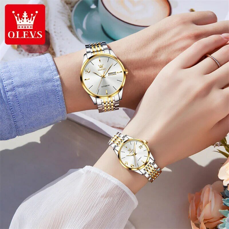 OLEVS زوجين ساعات للرجال والنساء التلقائي الميكانيكية ساعة اليد موضة رجال الأعمال ساعة للنساء الساعات الفاخرة على مدار الساعة