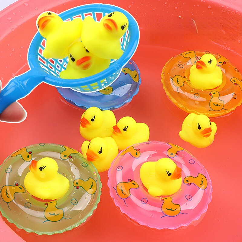 أطفال حوض استحمام عائم لعب خواتم السباحة الصغيرة المطاط الأصفر البط الصيد صافي غسل السباحة طفل اللعب متعة المياه