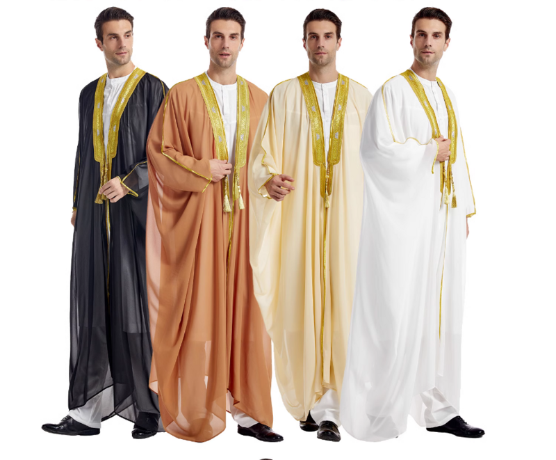 ملابس خارجية شيفون عربية مطرزة بالخرز الذهبي ، ملابس رجالية إسلامية ، طراز عرقي