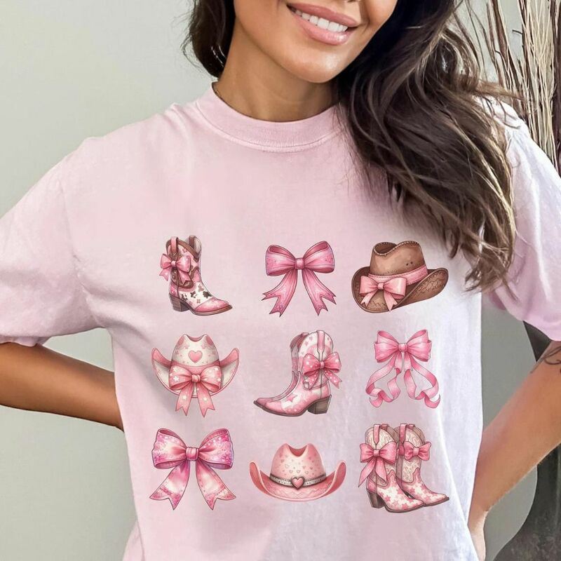 قميص راعية البقر مع القوس الوردي للفتيات المراهقات ، ملابس جمالية ، قمة عصرية ، هدية فتاة مراهقة ناعمة