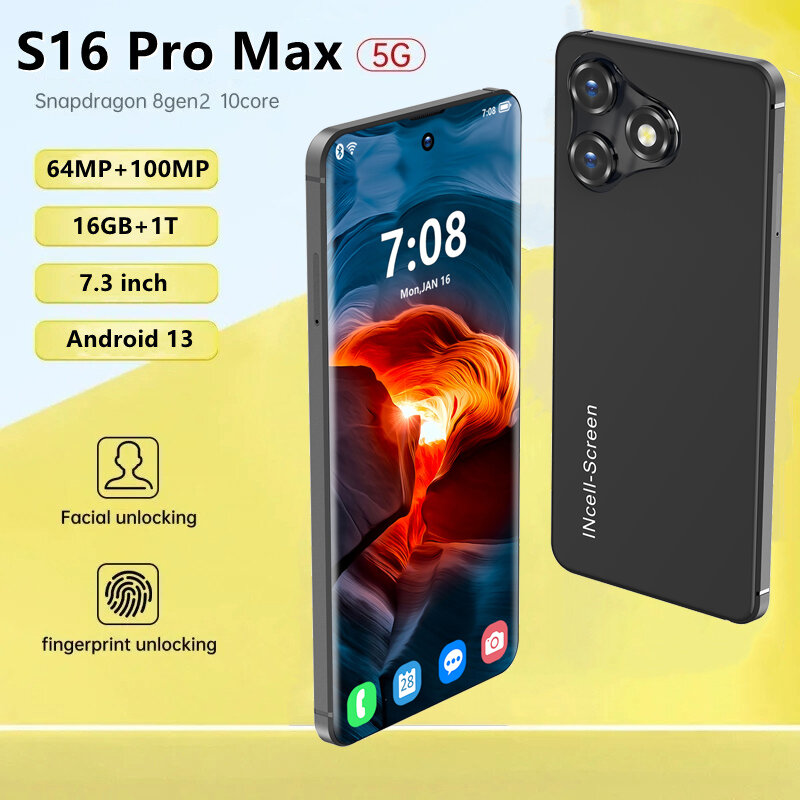 هاتف ذكي S16 Pro Max يعمل بنظام أندرويد ، هواتف محمولة ، غير مقفلة ، شبكة ، 5G ، 16GB + 1 ، من من من من من فضلك ، 64MP + 100MP ، "، أصلي ،