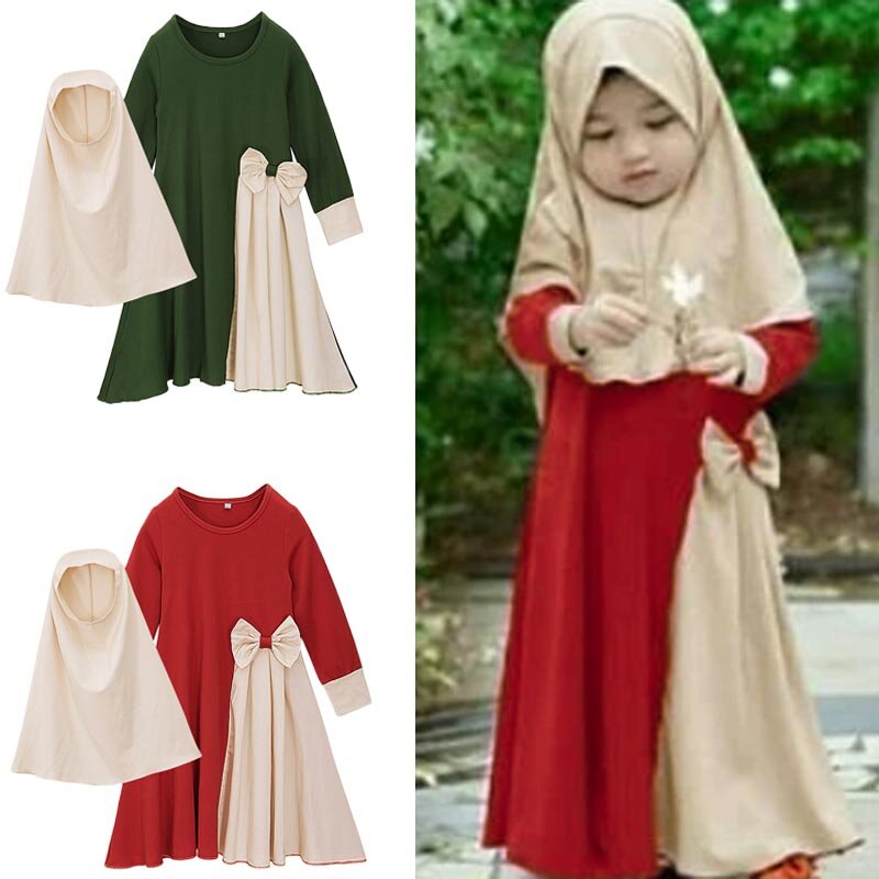 طقم فستان طويل الأكمام للحجاب الإسلامي للفتيات ، ملابس أطفال ، تركيا ، دبي ، العربية ، وشاح الرأس ، العيد ، رمضان ، الأطفال ، 2 * *