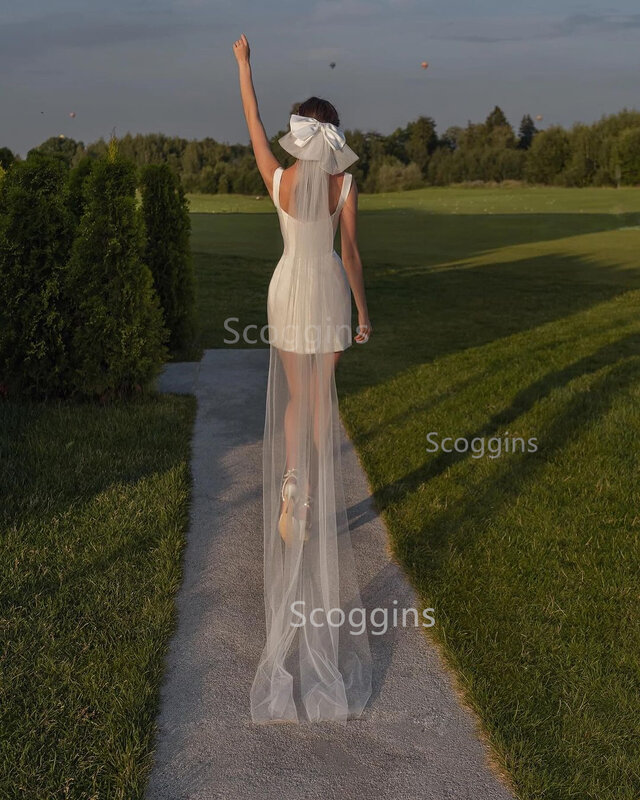 فستان زفاف قصير أنيق للنساء ، مفتوح من الخلف ، حمالات رفيعة ، ياقة مربعة ، ثوب زفاف بسيط ، فوق الركبة ، spaky