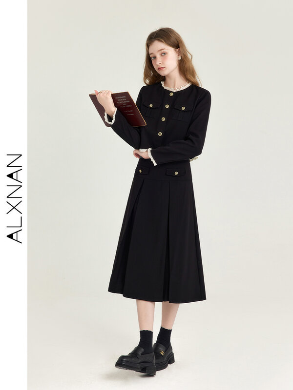 ALXNAN-بدلة فرنسية من قطعتين للإناث ، قمة محصول نحيفة براقة ، تنورة سوداء عالية الخصر ، ملابس نسائية ، تباع منفصلة ، T01005 ،