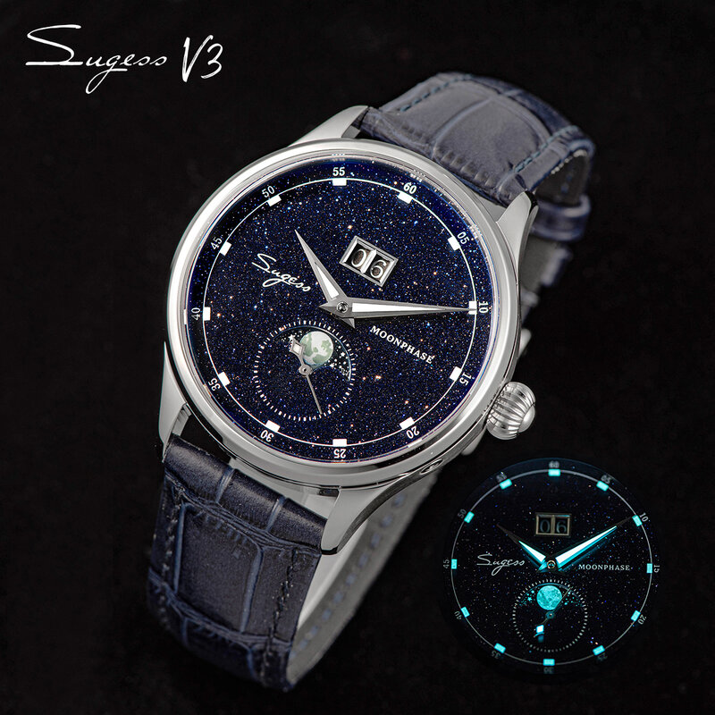 Sugess النورس ST2528 حركة الميكانيكية ساعة اليد الرجال الفاخرة ريال الأزرق حجر الاتصال الهاتفي حاوية من الفولاذ المقاوم للصدأ Moonphase ساعة