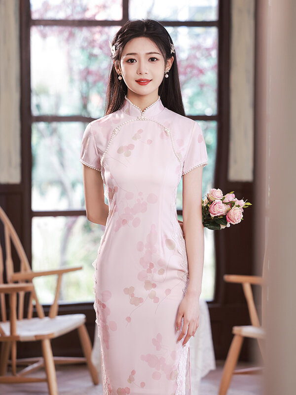 النمط الصيني الوردي طباعة اليوسفي طوق الخرز الدانتيل تشيباو المرأة خمر الكلاسيكية عالية انقسام شيونغسام