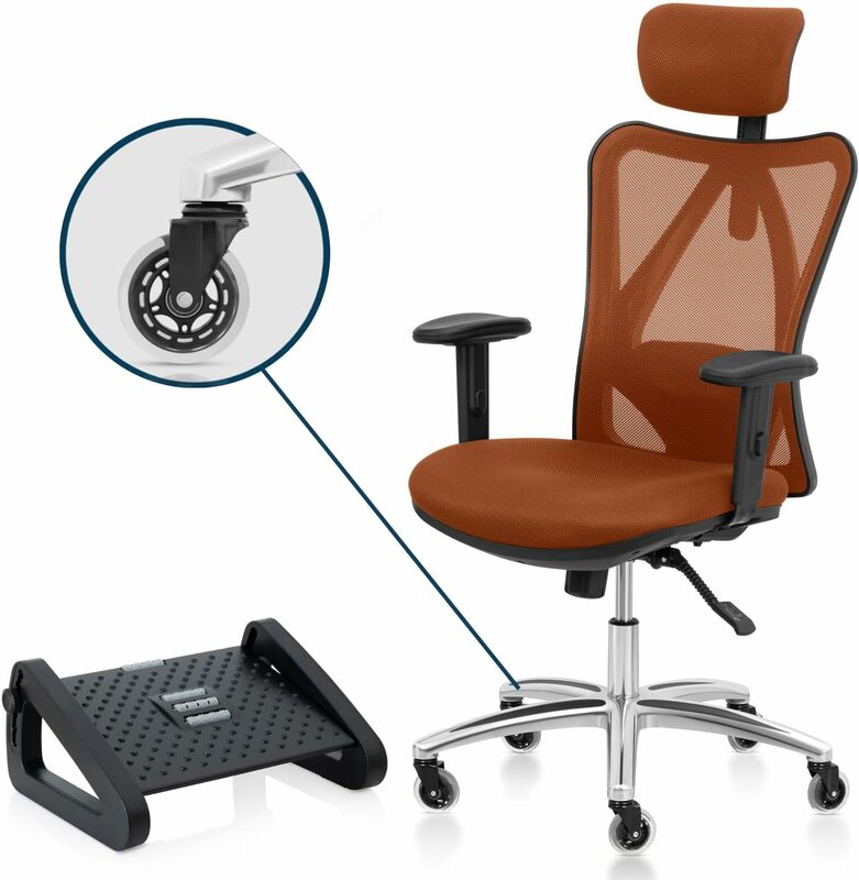 كرسي مكتب قابل للتعديل مع دعم قطني ومنزلق للعجلات ، ظهر مرتفع ، شبكة جيدة التهوية
