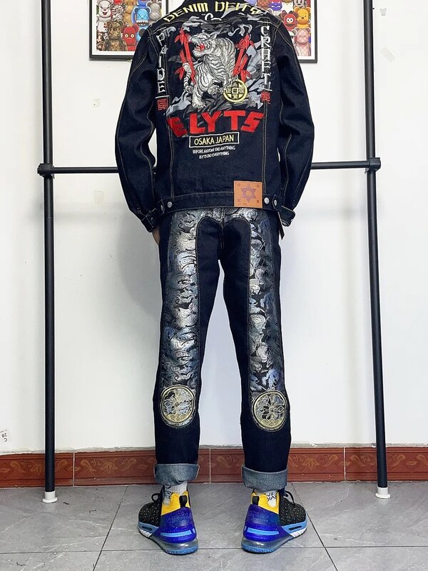 سراويل هاراجوكو Y2k غير رسمية سراويل افيسوس جينز فضفاض مطرزة بأرجل واسعة مستقيمة للرجال ملابس شارع هيب هوب