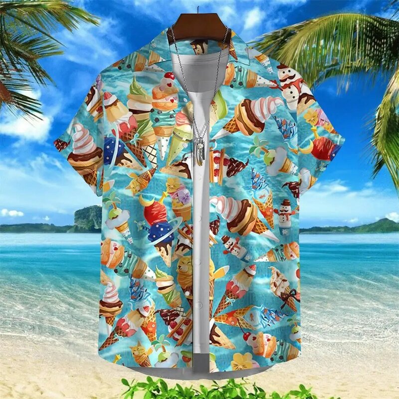 قميص هاواي مطبوع على الآيس كريم للرجال ، توب بأكمام قصيرة إسبانية ، ملابس الشارع الصيفية ، حفلة شاطئ عصرية ، ملابس اجتماعية