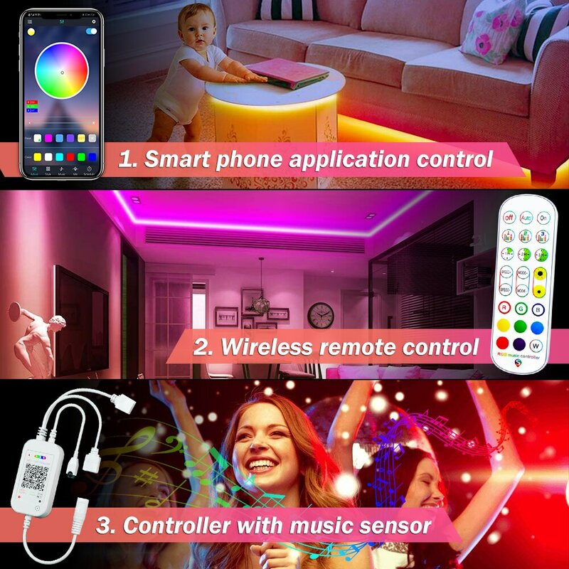 LED RGB مع مزامنة موسيقى 20 متر ، تحكم في التطبيق مع جهاز تحكم عن بعد ، ضوء LED RGB مع غرفة نوم