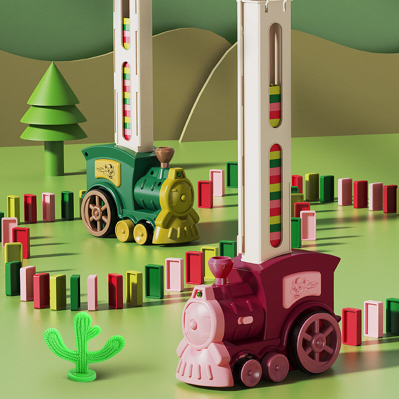جديد أطفال الكهربائية دومينو قطار سيارة مجموعة الصوت والضوء التلقائي وضع الدومينو الطوب كتل لعبة تعليمية لتقوم بها بنفسك لعبة هدية