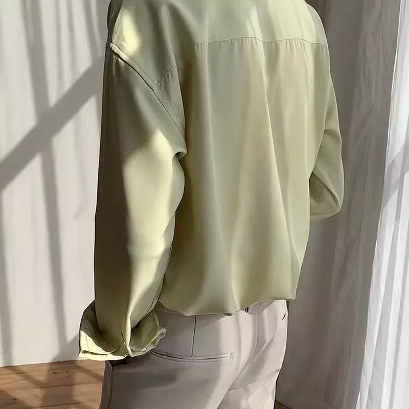 قميص رجالي بأكمام طويلة من الحرير الجليدي الأخضر ، زر غير رسمي ، قميص ثني فضفاض ، ملابس رسمية ، جودة عالية ، جديد ،