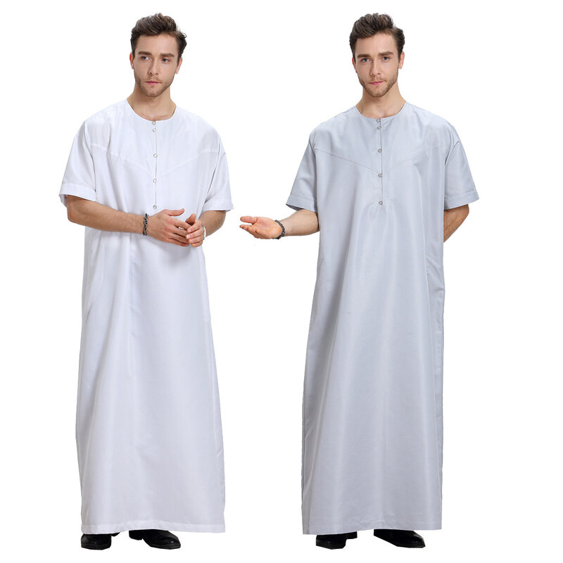 رداء رجالي بلون سادة نمط سعودي زر جوبا ثوب رجل عتيق كم قصير رقبة مستديرة عربية إسلامية رمضان ملابس إسلامية