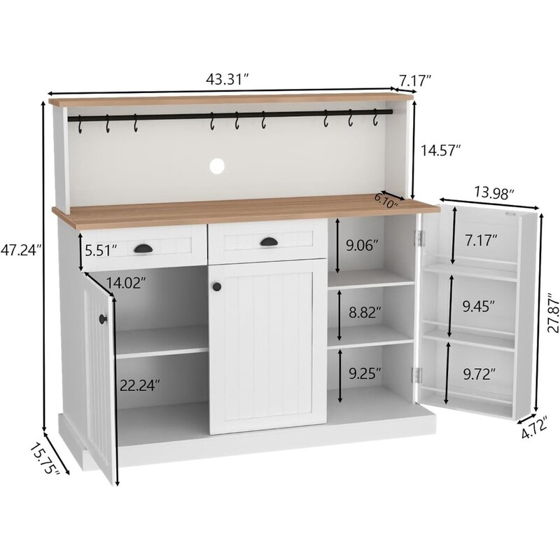 خزانة بوفيه جانبية مع أرفف قابلة للتعديل ، درجان ، خزانة مطبخ مزرعة ، خزانة بار قهوة