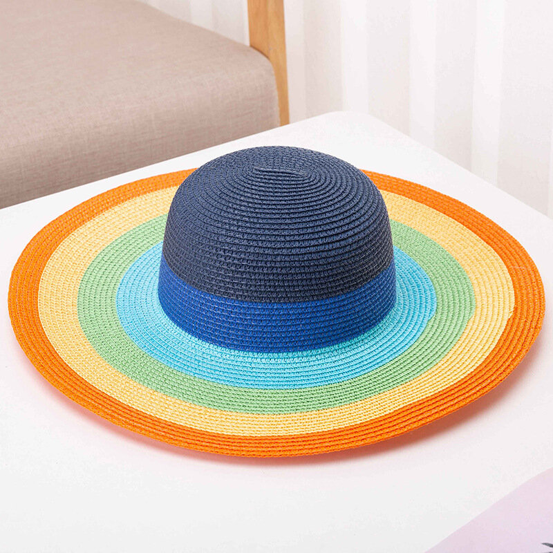 2023 صيف جديد موضة متعدد الألوان مخطط قبعة من القش المرأة واسعة حافة الرامي ظلة قبعة من القش