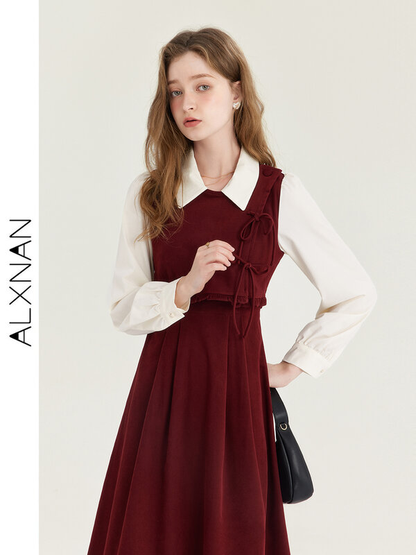 فستان من قطعتين أنيق فرنسي مزيف للنساء ، ملابس الخريف والشتاء ، فستان جديد بربطة عنق متوسطة الطول ، T01003