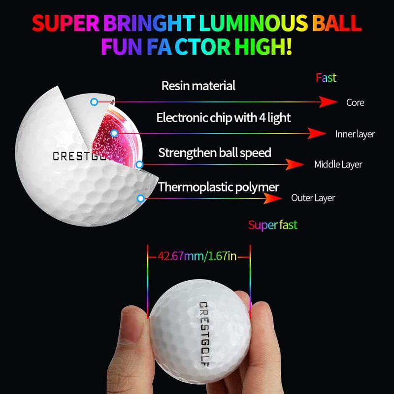 كرات جولف LED من Crestgolf للتوهج الليلي في الظلام ، كرة جولف مع 4 إضاءة ، فائقة السطوع ، 6 ألوان ، أفضل هدية للجولف
