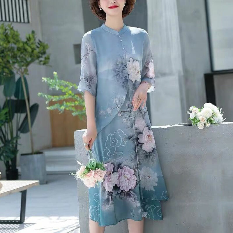 فستان متوسط الطول بطبعة زهور على الطراز الصيني للنساء ، ياقة قائمة ، نصف كم ، غير متماثل ، فساتين متباسمة ، موضة صيفية