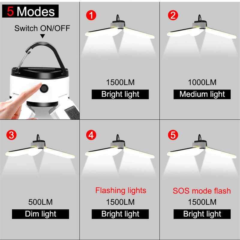 طوي في الهواء الطلق الشمسية التخييم أضواء LED فانوس خيمة مصباح USB قابلة للشحن التنزه أضواء الطوارئ الشمسية خيمة مصباح معلق