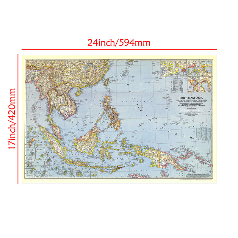 A2 حجم خريطة العالم مفصلة جنوب شرق آسيا 1944 ملصق جدار الرسم البياني الرجعية ورقة كرافت ورقة خريطة العالم اللوازم المكتبية