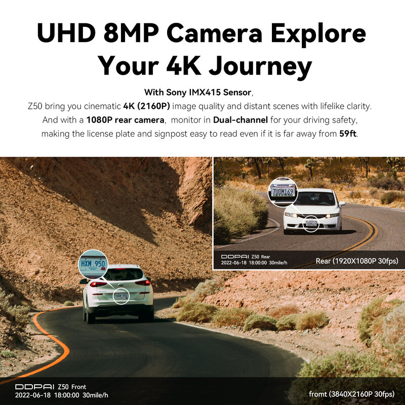 DDPAI-كاميرا اندفاعة مزدوجة للسيارات ، كاميرا أمامية وخلفية ، Z50 ، أمامية وخلفية ، 4K ، 2160P أمامي + 1080P ، واي فاي مدمج ، نظام تحديد المواقع