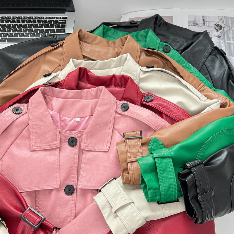 أنيق بولي Leather سترة جلدية للنساء ، ملابس عادية تمتد ، الحلوى الملونة معطف جلد ، حجم كبير ، الخريف والشتاء ، 2023