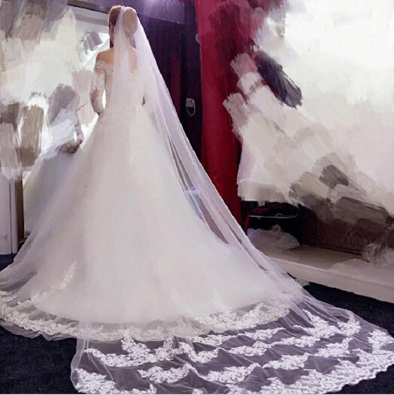 الحجاب الزفاف كاتدرائية الدانتيل طويل الفوال Mariage الأبيض العاج العروس اكسسوارات الزفاف طبقة واحدة 3 متر Veu De Noiva Longo