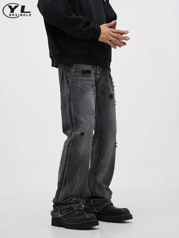 جينز رجالي بفتحة سوداء عالية في الشارع ، فضفاض ، مستقيم ، بنطال جينز كلاسيكي مغسول ، بنطال جينز كاجوال بساق واسعة ، ربيع وخريف
