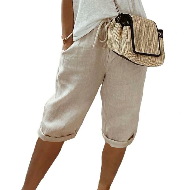النساء السراويل Vintage نمط فضفاض الرباط الركبة طول السراويل للسيدات تنفس مرونة الخصر مع جيوب خزانة الملابس