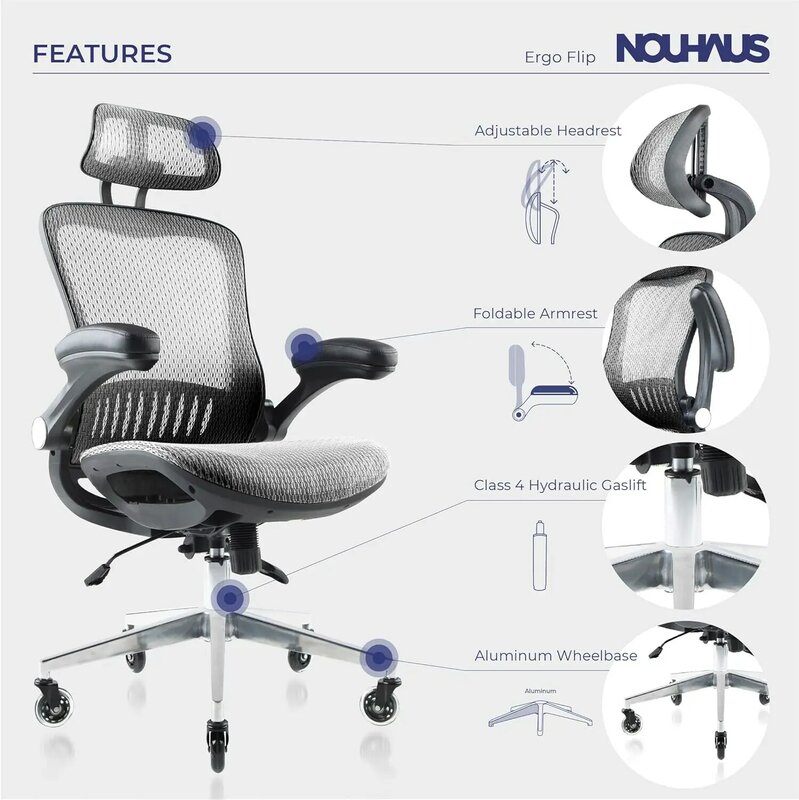 كرسي كمبيوتر شبكي من Nouhaus-ergofflip ، مكتب لف رمادي ، مسند ذراع قابل للطي ، كرسي مكتب بعجلات حلاقة