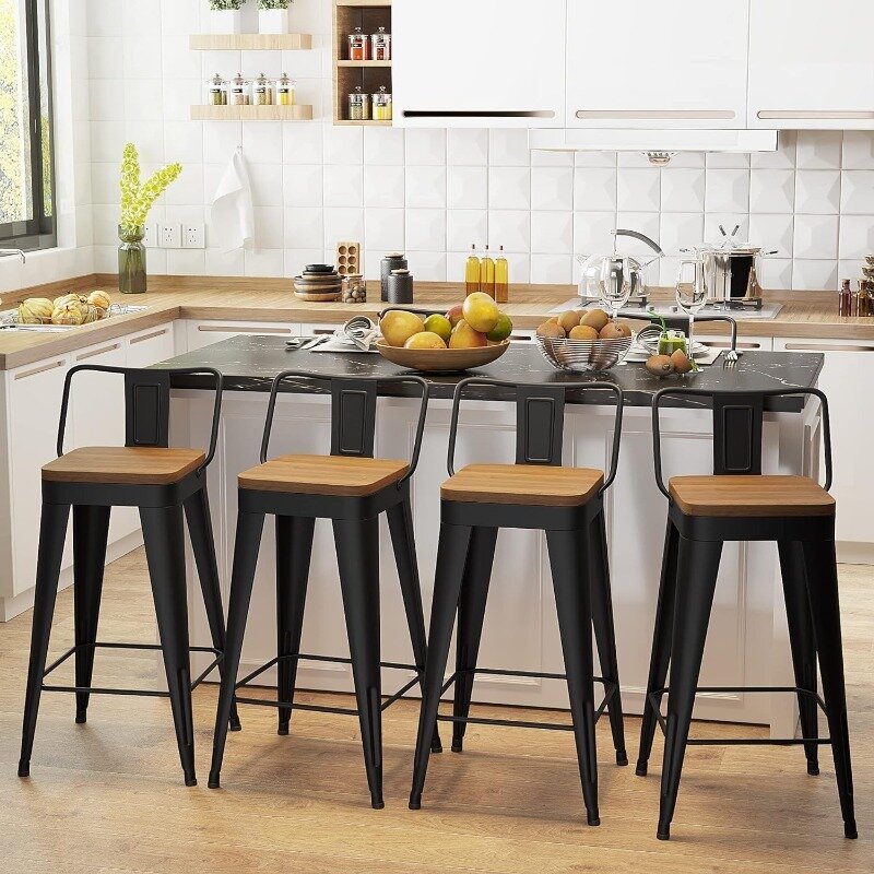 مجموعة مقاعد بار معدنية مع ظهر قابل للإزالة ، كراسي بارستول بارتفاع المنضدة ، مقعد خشبي ، 24 "، مطبخ ، 4