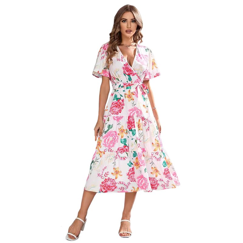 فستان نسائي صيفي مطبوع برقبة على شكل V مع حزام ، حافة كشكشة أنيقة ، طول متوسط ، أكمام قصيرة ، فستان بوهو ، جودة عالية