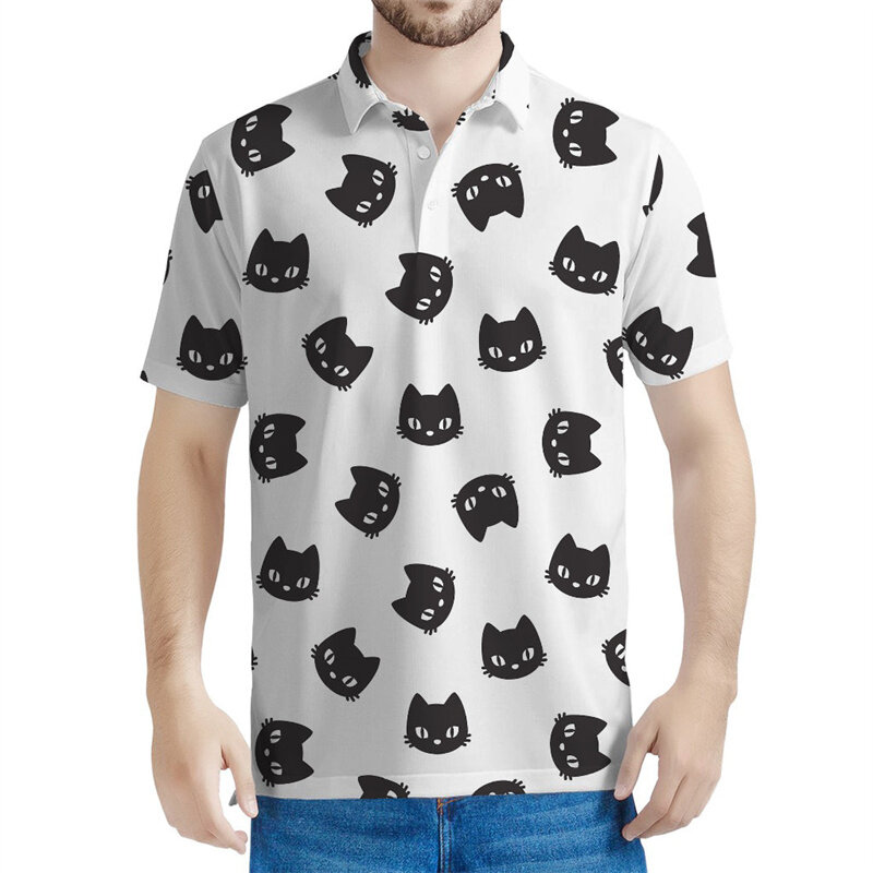 قمصان بولو للرجال رائعتين بنمط القط ، تي شيرت حيوانات بطباعة ثلاثية الأبعاد كرتونية ، قمم بأكمام قصيرة ، تي شيرت فضفاض ، الصيف