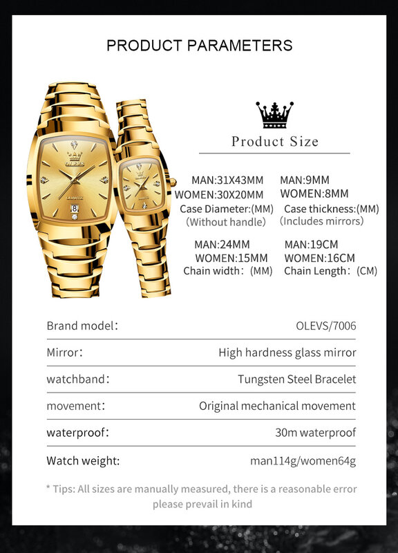 OLEVS كوارتز ساعة للزوجين ، التنغستن الصلب ، الماس الذهب ، هدايا مقاوم للماء ، له مجموعات ، 7006 ، الأصلي