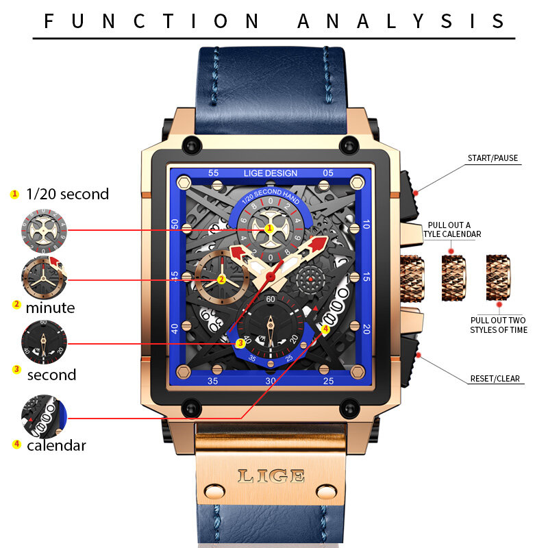 ساعة رياضية فاخرة مربعة الشكل من LIGE-Men ، ساعة يد كوارتز مقاومة للماء ، حزام جلدي ، علامة تجارية مشهورة ، موضة ، جديدة ،